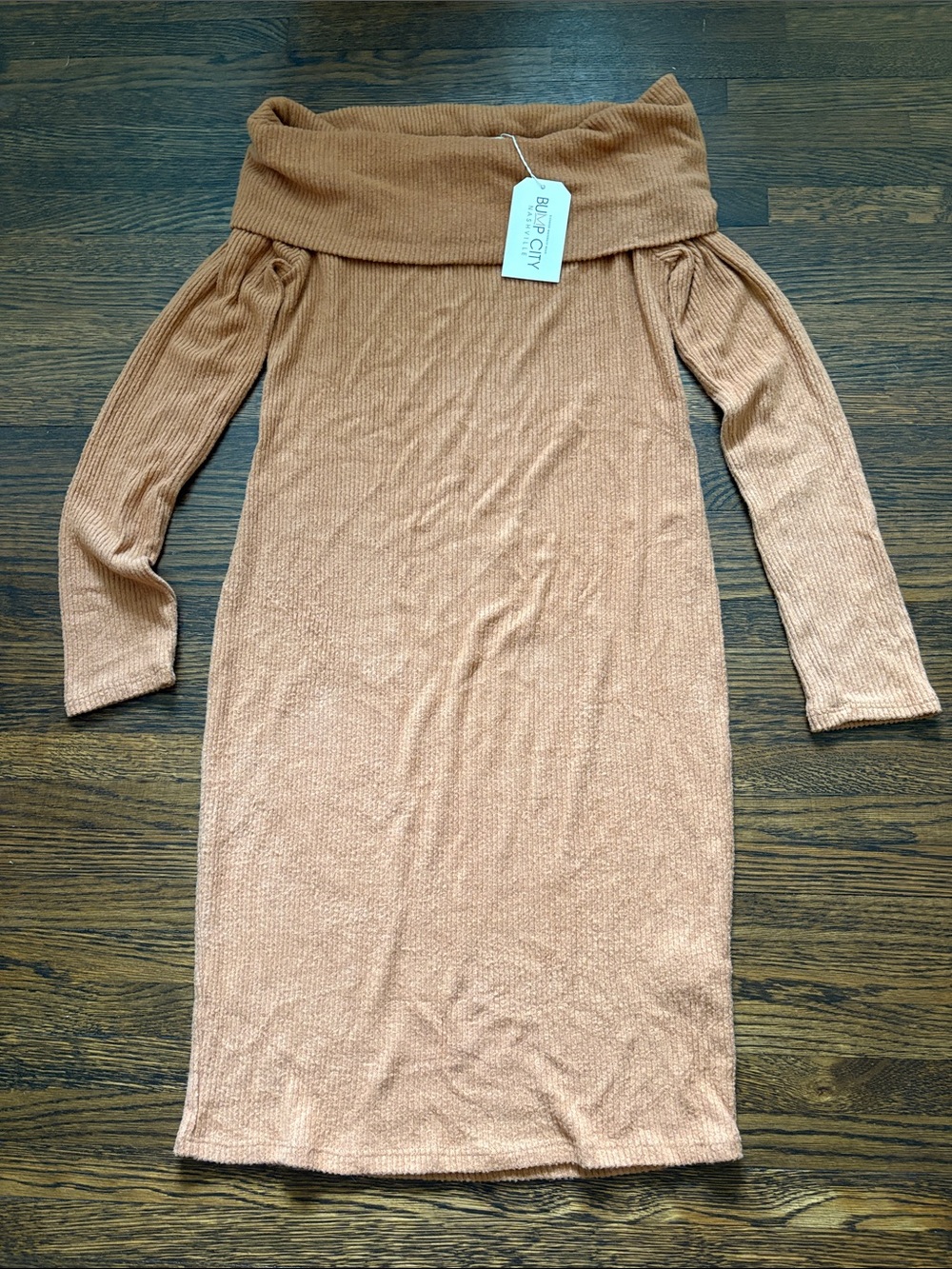 Off-Shoulder Maternity Ribbed Knit Dress - Camel